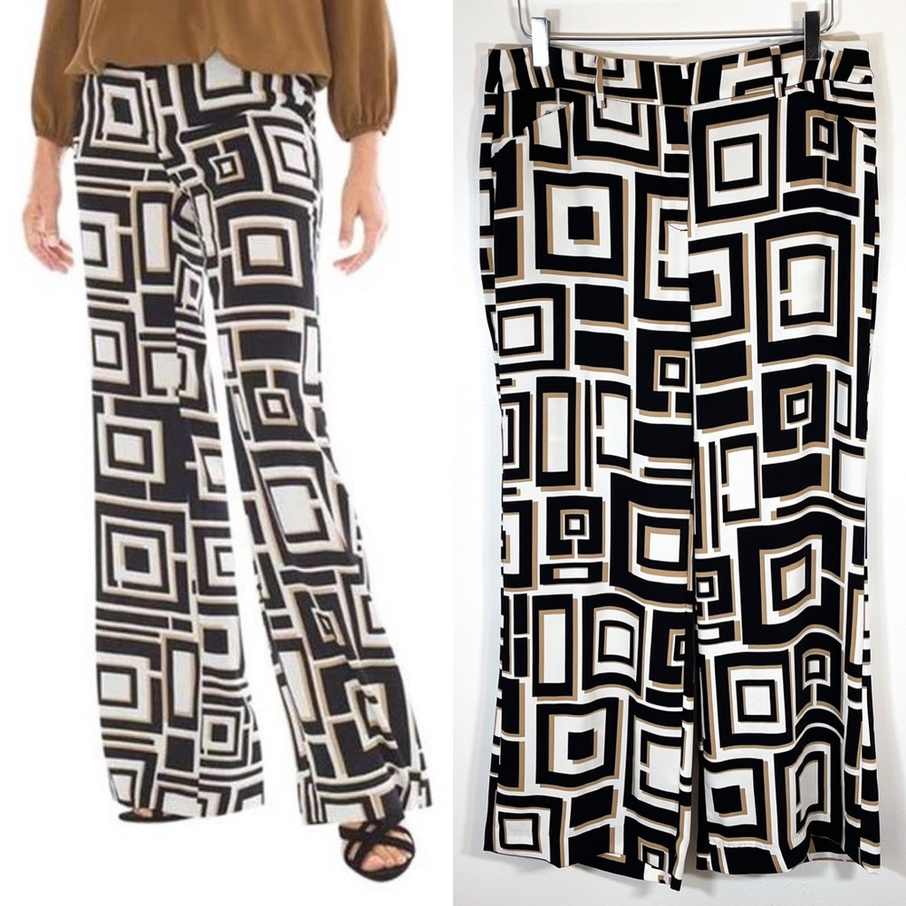 Chico’s Drapey Deco Square Geometric White Tan Wide Leg Pants